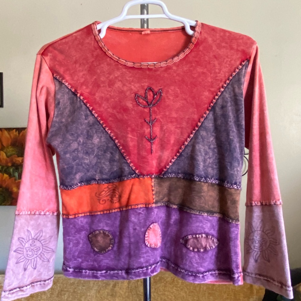 Art To Wear Patchwork Embroidered Overdyed Long Sleeve Top Size M